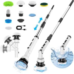 Electric Spin Scrubber, Cordless Cleaning Brush, Adjustable Long Handle, 3-Speed, Power Shower Scrubber with 10 Brush Heads for Floor, Bathroom, Tub, Tile, Kitchen, Car, Toilet