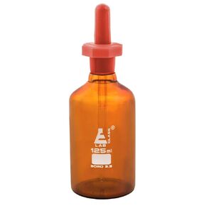 EISCO Dropping Bottle, 125ml (4.2oz) - Amber Borosilicate 3.3 Glass - Eye Dropper Pipette and Dust Proof Rubber Bulb - Octagonal, Non-Screw Top