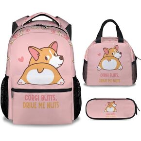 Corgi Backpack for Girls, 16 Inch Pink Backpacks for School, Cute Lightweight Bookbag for Kids