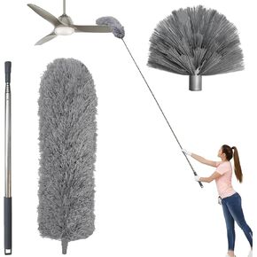 100" Ceiling Fan Duster with Extension Pole, Cobweb & Corner Brush Cleaning Kit - Washable Duster Heads for Cleaning, Aluminum Telescoping Pole for Ceiling Fan, Furniture, Home