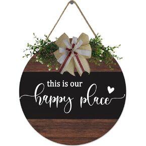 Fenarenes This is Our Happy Place Front Door Round Wooden Sign for Farmhouse Porch Welcome Wreath Decor Our Happy Place Wood Hanger for Home Outdoor Indoor Decoration 12inch