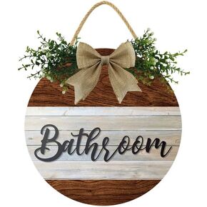 KPSheng Funny Bathroom Front Door Sign Wreaths Hanging Wooden Plaque Decoration Round Rustic Wood Farmhouse Porch Decor for Home Front Door Decor, 12In