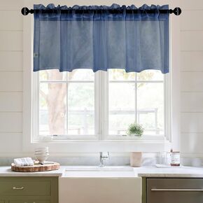 DWCN Sheer Curtain Valance - Linen Look Small Window Curtains for Cafe & Kitchen Windows - Rod Pocket Semi Sheer Drapes, Dusty Blue, 1 Panel, 52W x 18L Inch