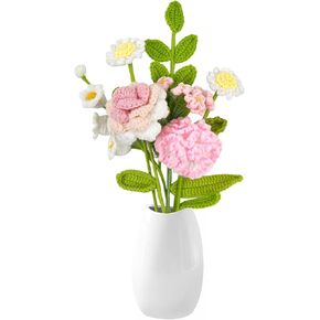 7 Pcs Crochet Flower Bouquet Carnations Roses Convallaria majalis Daisy Flower Mix Pink White Artificial Flowers Bouquet for Mother's Day Wedding Teacher' Day Birthday for Her/Him (15.7" Height)