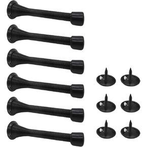 Spring Door Stoppers - Flexible Heavy Duty Screw-in Spring - Wall Protector Bottom with Bumper Tips - Durable (Pack of 6) Black