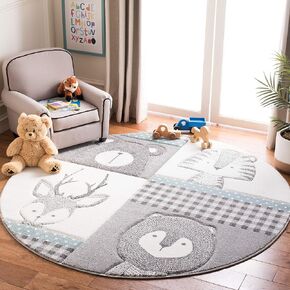 SAFAVIEH Carousel Kids Collection 6'7" Round Grey/Ivory CRK188B Animal Nursery Playroom Area Rug