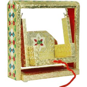 Decorative Laddu Gopal Jhula Wooden Handcrafted Velvet with Golden Work Jhula for Bal Gopal Idol/Krishana Jhula/Jhoola/Laddu Gopal for Home Temple (Height Size:-6.5 Inches)(Multicolour)