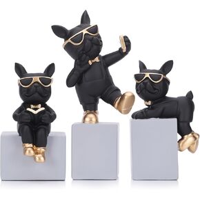 Black Mini French Bulldog Statue Set of 3 - English Bulldog Resin Sculpture for Home Decor, Modern Cool Bulldog Figurines for Office Bookshelf Table Centerpieces Decor