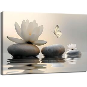 Zen White Lotus Canvas Wall Art White Flower Yellow Butterfly on Lake Wall Decor Pictures Meditation Posters Prints for Bathroom Living Room Modern Spiritual Yoga Spa Bedroom Decoration