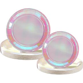 50 Pcs Pink Holographic Paper Plates Iridescent Foil Disposable Plates Round 7" and 9" Holographic Party Dinner Plates for Birthday Wedding Baby Shower Party Supplies