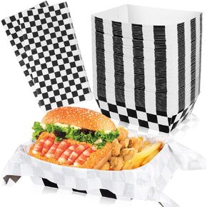 120 Pcs Paper Food Boats Trays Nacho Hot Dog Popcorn Disposable for Food Trays Race Car Birthday Party Supplies Plaid Black and White Trays 60 Pcs With Deli Liner Disposable