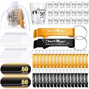 Havawish 50 Sets 50th Birthday Party Favors for Guests Birthday Beer Opener Keychain Cheers to 50 years 1.5oz Shot Glasses Unbreakable Gift Cards and Organza Bags for Anniversary Birthday Party