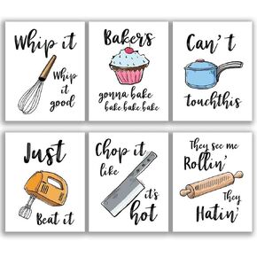 Funny Colorful Kitchen Wall Art Prints Kitchenware with Sayings Unframed Farmhouse Home Office organization Signs Bar Accessories Decorations, 6 Set, white house Deco Kitchen Decor (8"x10") (Colorful)
