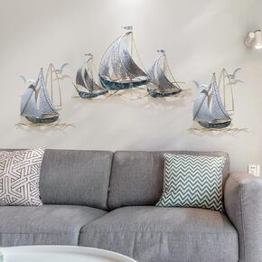 edaknez Set of 3 Metal Sailboat Wall Art, Metal Blue Ship Wall Decor, Coastal Nautical Metal Wall Art Decor, Large Sailing Boat Wall Sculpture, for Living Room Bedroom Indoor Outdoor