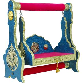 Decorative Laddu Gopal Jhula Wooden Handcrafted Velvet with Golden Work Jhula for Bal Gopal Idol/Krishna Jhula/Jhoola/Laddu Gopal for Home Temple Traditional Decor(Height Size:-8.5Inches)(Pink,Blue)