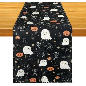 Halloween Table Runner, Skeleton Ghost Spooky Table Cloth Burlap Table Runners Halloween Table Cover for Kitchen Dining Table Home Party Indoor Outdoor Decoration (13x72 inch)