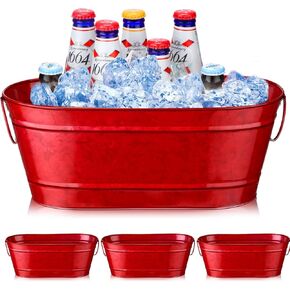 4 عبوات من حوض معدني مجلفن بيضاوي سعة 2.4 جالون، دلو معدني لحوض المشروبات مع مقابض دلاء مشروبات الثلج للحفلات، حوض معدني كبير لحفلات النبيذ وحفلات تخزين البيرة، مشروبات الشمبانيا (أحمر) in Kuwait