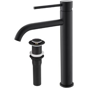 Single Hole Bathroom Vessel Sink Faucet with Long Reach Spout, Tall Faucet Include Pop up Sink Drain Stopper (Matte Black, 11.2 inch)