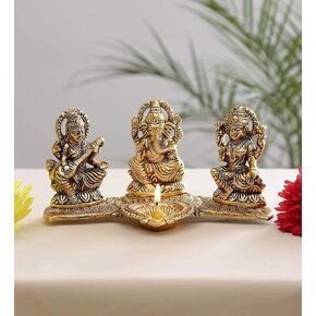 Smizzy Metal Antique Ganesh Laxmi Saraswati Idol Murti for Home Decor | God Idols for Pooja Puja Room | Decorative with Diya | Golden