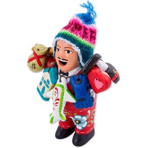 NOVICA Artisan Handmade Ceramic Figurine Ekeko Sculpture with Wool Cap from Peru Red People Portraits Floral [6in H x 4.3in W x 2.8in D] ' Ekeko of Abundance in Red'