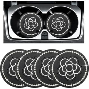 2 PCS Cow Print Car Cup Coaster, 2.76 Inch Anti-Slip Auto Cup Holder Insert Coaster, Bling Crystal Car Drink Cup Mat for Women Girls, Interior Decor Car Accessories (Black Flower)