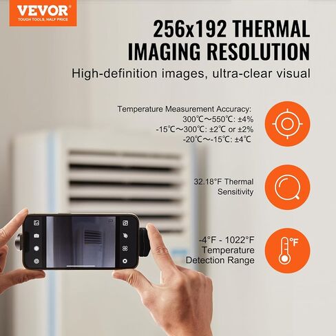 كاميرا تصوير حراري VEVOR لأجهزة Android وiOS، دقة عالية 256 × 192 بالأشعة تحت الحمراء، تصوير حراري لاسلكي بالأشعة تحت الحمراء مع كاميرا WiFi وكاميرا مرئية، كاميرا حرارية بمعدل تحديث 25 هرتز للهواتف الذكية، -4 درجة فهرنهايت -1022 درجة فهرنهايت in Saudi Arabia