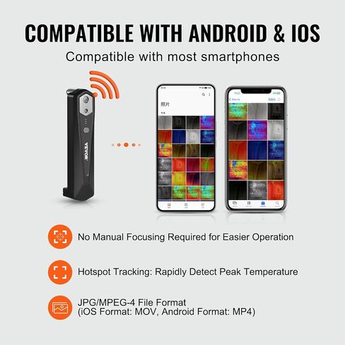 كاميرا تصوير حراري VEVOR لأجهزة Android وiOS، دقة عالية 256 × 192 بالأشعة تحت الحمراء، تصوير حراري لاسلكي بالأشعة تحت الحمراء مع كاميرا WiFi وكاميرا مرئية، كاميرا حرارية بمعدل تحديث 25 هرتز للهواتف الذكية، -4 درجة فهرنهايت -1022 درجة فهرنهايت in Saudi Arabia
