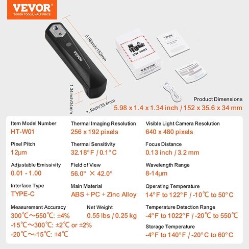 كاميرا تصوير حراري VEVOR لأجهزة Android وiOS، دقة عالية 256 × 192 بالأشعة تحت الحمراء، تصوير حراري لاسلكي بالأشعة تحت الحمراء مع كاميرا WiFi وكاميرا مرئية، كاميرا حرارية بمعدل تحديث 25 هرتز للهواتف الذكية، -4 درجة فهرنهايت -1022 درجة فهرنهايت in Saudi Arabia