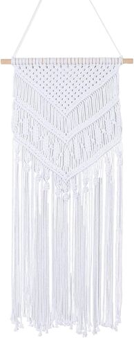 RLoncomix Macrame جدار معلق بوهو فن منسوج يدويًا بشرابة هندسية أنيقة للمنزل والشقة وغرفة النوم وديكور حفلات الحضانة، أبيض، 16 × 30 بوصة in Kuwait