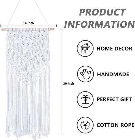 RLoncomix Macrame جدار معلق بوهو فن منسوج يدويًا بشرابة هندسية أنيقة للمنزل والشقة وغرفة النوم وديكور حفلات الحضانة، أبيض، 16 × 30 بوصة in Kuwait
