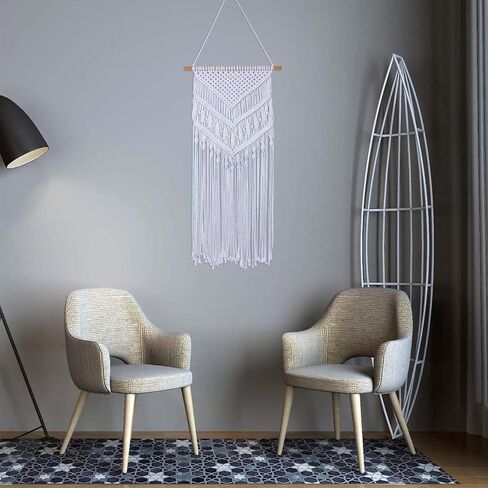 RLoncomix Macrame جدار معلق بوهو فن منسوج يدويًا بشرابة هندسية أنيقة للمنزل والشقة وغرفة النوم وديكور حفلات الحضانة، أبيض، 16 × 30 بوصة in Kuwait