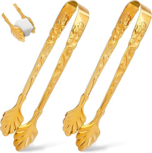 Jeffdad 2pcs Mini Serving Tongs, Retro Stainless Steel Embossed Pattern Sugar Cube Tongs Ice Cube Tongs for Party Coffee Tea Wine Bar Ice Buffet Kitchen (Gold) in Saudi Arabia