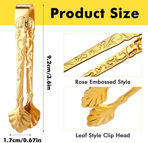 Jeffdad 2pcs Mini Serving Tongs, Retro Stainless Steel Embossed Pattern Sugar Cube Tongs Ice Cube Tongs for Party Coffee Tea Wine Bar Ice Buffet Kitchen (Gold) in Saudi Arabia