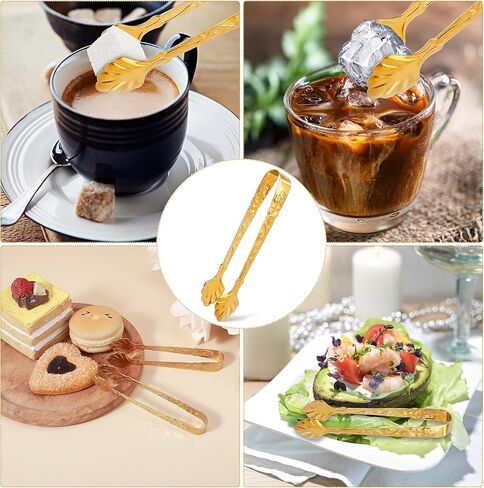 Jeffdad 2pcs Mini Serving Tongs, Retro Stainless Steel Embossed Pattern Sugar Cube Tongs Ice Cube Tongs for Party Coffee Tea Wine Bar Ice Buffet Kitchen (Gold) in Saudi Arabia