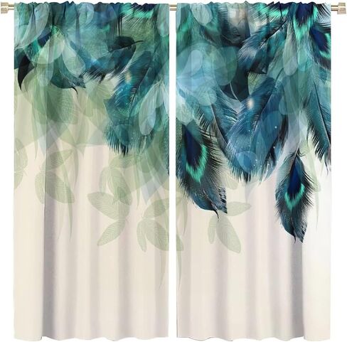 JESTRONRY Watercolor Peacock Feather Bathroom Window Curtains,Green Watercolor Printed Theme Home Rod Pocket Window Drapes 2 Panels Set for Living Room Kitchen Bedroom Decor W42xL45in in Saudi Arabia