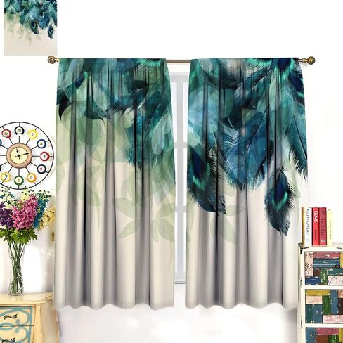 JESTRONRY Watercolor Peacock Feather Bathroom Window Curtains,Green Watercolor Printed Theme Home Rod Pocket Window Drapes 2 Panels Set for Living Room Kitchen Bedroom Decor W42xL45in in Saudi Arabia