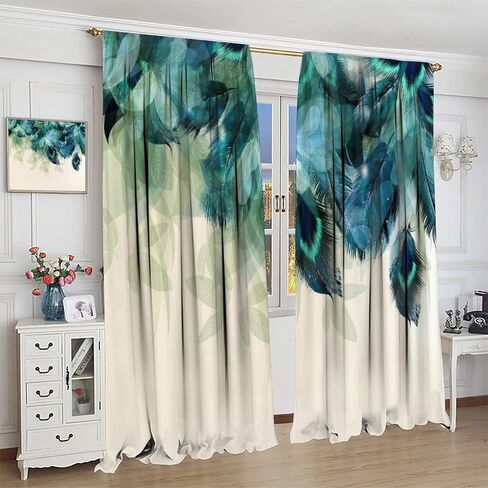 JESTRONRY Watercolor Peacock Feather Bathroom Window Curtains,Green Watercolor Printed Theme Home Rod Pocket Window Drapes 2 Panels Set for Living Room Kitchen Bedroom Decor W42xL45in in Saudi Arabia