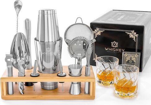 17-Piece Craft Bartender Kit - Pro Grade Stainless Steel Boston Cocktail Shaker Set with 2 Glasses, 52 Cocktail Recipe Playing Cards, Bamboo Stand - Luxury Bar Tools Gift Box Set in Saudi Arabia