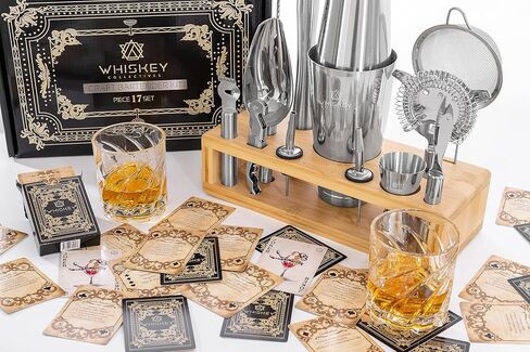 17-Piece Craft Bartender Kit - Pro Grade Stainless Steel Boston Cocktail Shaker Set with 2 Glasses, 52 Cocktail Recipe Playing Cards, Bamboo Stand - Luxury Bar Tools Gift Box Set in Saudi Arabia