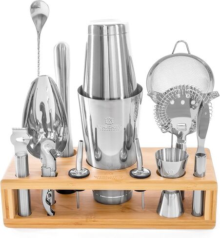 17-Piece Craft Bartender Kit - Pro Grade Stainless Steel Boston Cocktail Shaker Set with 2 Glasses, 52 Cocktail Recipe Playing Cards, Bamboo Stand - Luxury Bar Tools Gift Box Set in Saudi Arabia