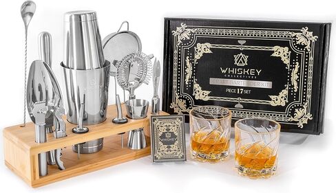 17-Piece Craft Bartender Kit - Pro Grade Stainless Steel Boston Cocktail Shaker Set with 2 Glasses, 52 Cocktail Recipe Playing Cards, Bamboo Stand - Luxury Bar Tools Gift Box Set in Saudi Arabia