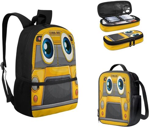 Cartoon School Bus Print Kids Backpack Set with Lunch Box Pencil Case for Boys Girls Elementary Primary Schoolbag Set of 3 Satchel Rucksack Casual Shoulder Bag Daypack in Saudi Arabia