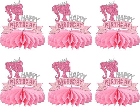 Rsstarxi 6 Pieces Hot Pink Girl Happy Birthday Honeycomb Centerpieces Glitter Princess Theme Party Table Toppers Decorations for Wedding Engagement Bridal Shower Girls Birthday Party Cake Decorations in Saudi Arabia