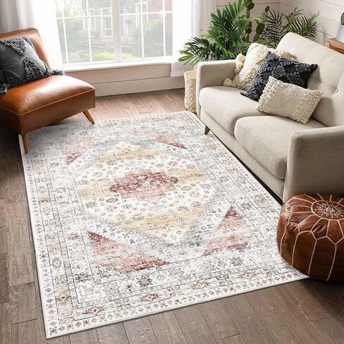 CAROMIO 9x12 Living Room Area Rug Washable Traditional Rug Indoor Non Slip Large Carpet Vintage Distressed Throw Floor Cover Stain Resistant Boho Accent Carpet for Bedroom Home Decor, Orange in Saudi Arabia