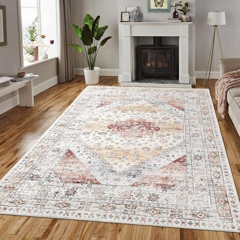 CAROMIO 9x12 Living Room Area Rug Washable Traditional Rug Indoor Non Slip Large Carpet Vintage Distressed Throw Floor Cover Stain Resistant Boho Accent Carpet for Bedroom Home Decor, Orange in Saudi Arabia
