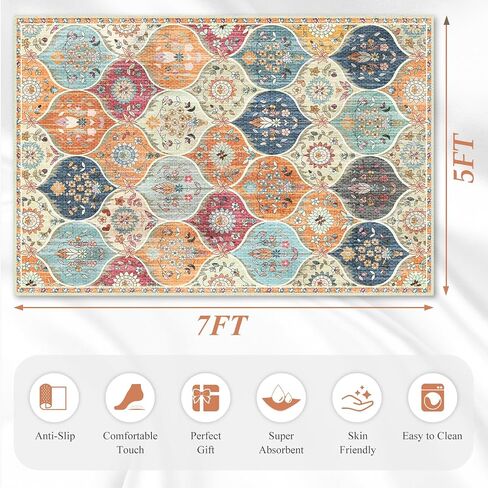 Vintage Washable Rug 5x7 - Machine Washable Floral Area Rugs with Non Slip Backing for Living Room Bedroom Dining Room Stain Resistant, Home Office Decor, Soft Low-Pile Carpet, Orange in Saudi Arabia