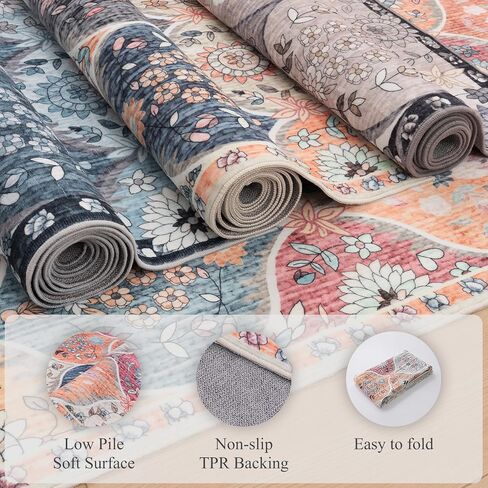 Vintage Washable Rug 5x7 - Machine Washable Floral Area Rugs with Non Slip Backing for Living Room Bedroom Dining Room Stain Resistant, Home Office Decor, Soft Low-Pile Carpet, Orange in Saudi Arabia