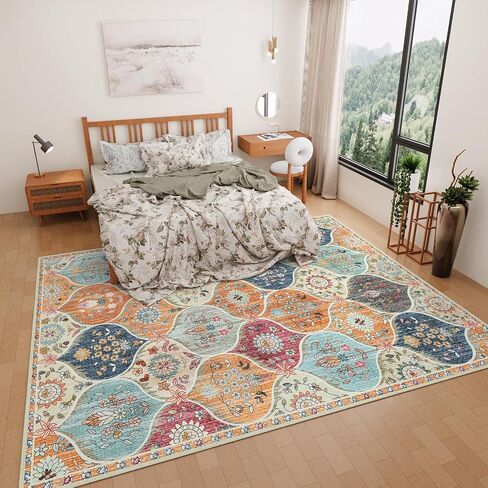 Vintage Washable Rug 5x7 - Machine Washable Floral Area Rugs with Non Slip Backing for Living Room Bedroom Dining Room Stain Resistant, Home Office Decor, Soft Low-Pile Carpet, Orange in Saudi Arabia