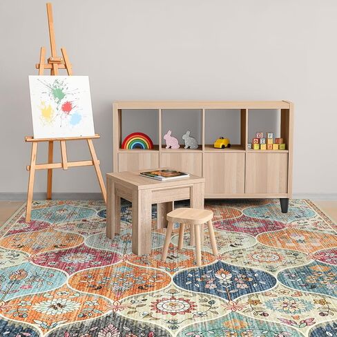 Vintage Washable Rug 5x7 - Machine Washable Floral Area Rugs with Non Slip Backing for Living Room Bedroom Dining Room Stain Resistant, Home Office Decor, Soft Low-Pile Carpet, Orange in Saudi Arabia