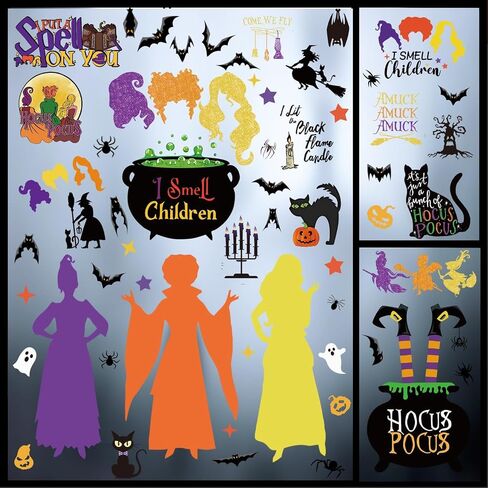 91 PCS Halloween Window Clings Decorations Witches Character Window Stickers Decals Black Witches Bat Spider Cat Pumpkin Halloween Window Stickers for Home and Halloween Party Decorations 9 Sheets in Saudi Arabia